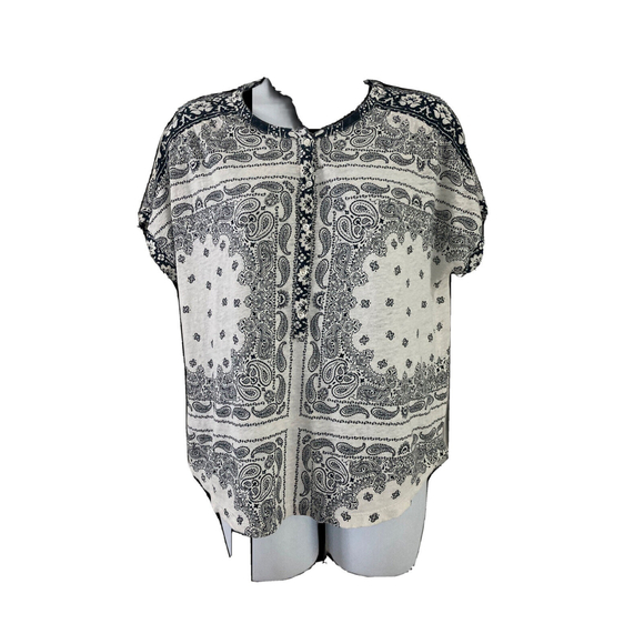 Lucky Brand Top Linen Blend Tunic Sz M White/Blue Paisley Peasant 1/4 Button up - Picture 8 of 9